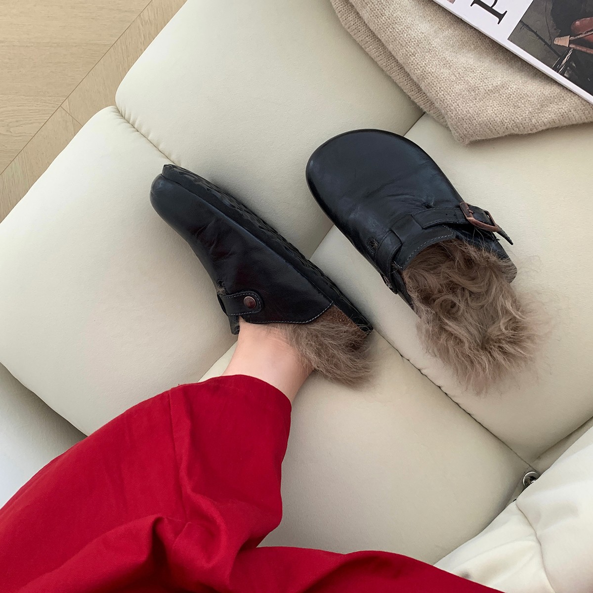 【秋冬季勃肯鞋】半拖毛毛鞋女2024新款增高厚底软底网红休闲包头鞋