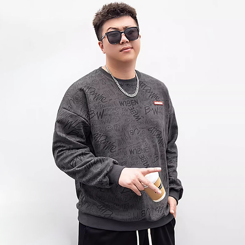 潮牌大码男装秋季加肥加大圆领潮流麂绒宽松圆领卫衣套头秋冬上衣