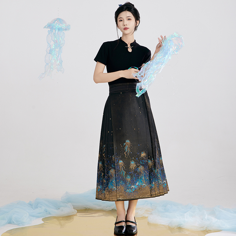 醉梦夕风原创海之灵国风马面裙夏季薄款女小个子新中式八分裙短款