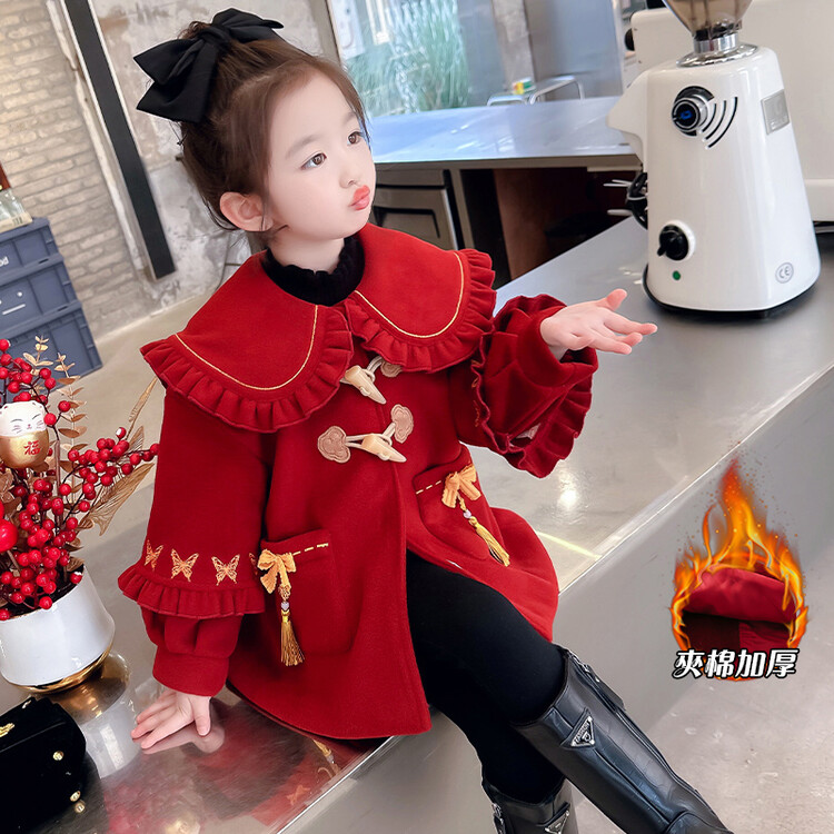 女童呢大衣2023新款儿童洋气红色夹棉加厚冬季外套拜年服女孩韩版