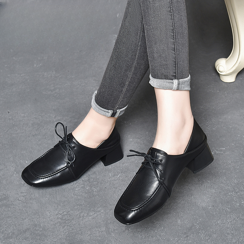 春秋真皮单鞋皮鞋女鞋中跟粗跟英伦风百搭纯色软皮女士软皮单鞋