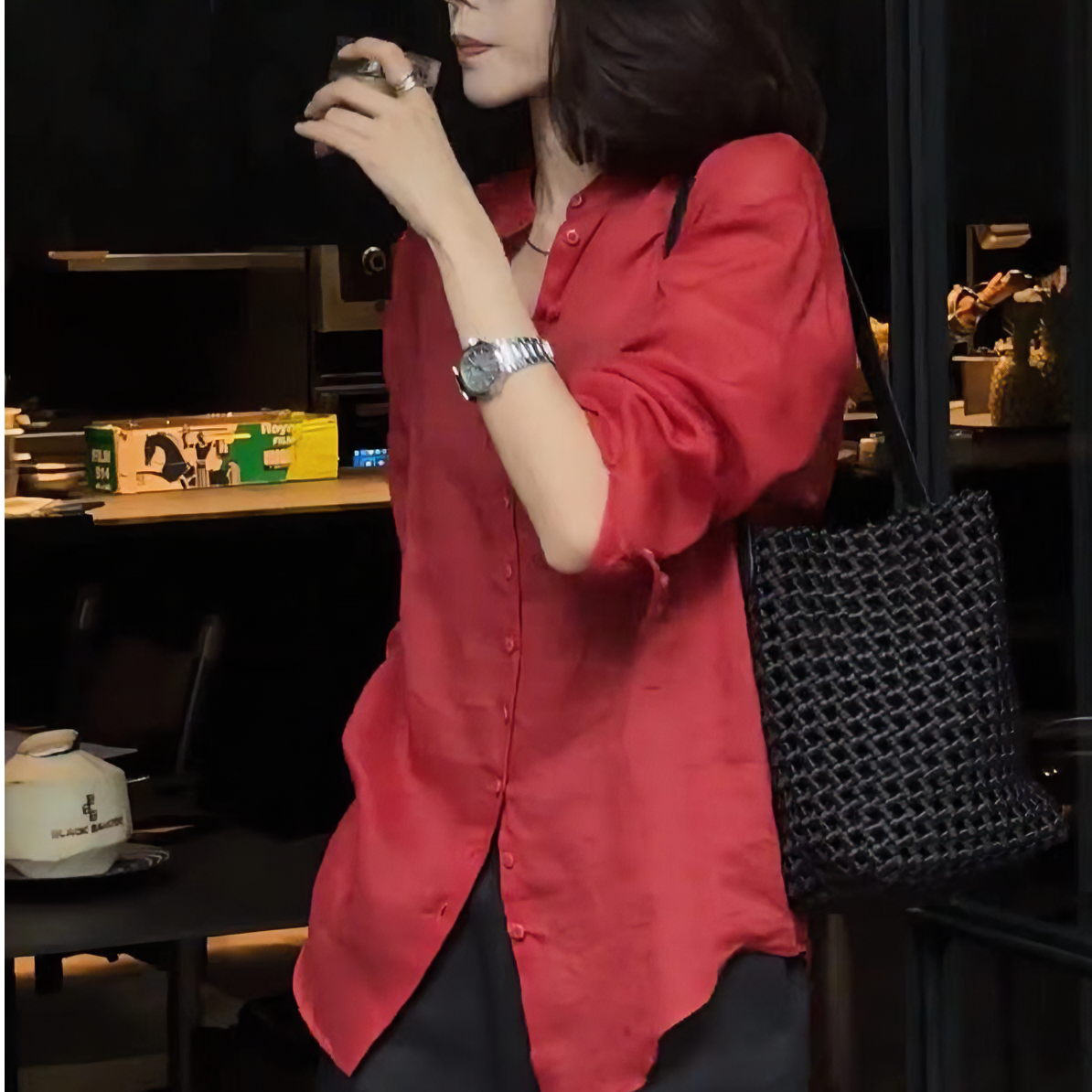 红色立领长袖衬衫女新款夏季法式薄款防晒衬衣设计感月亮姐街日常