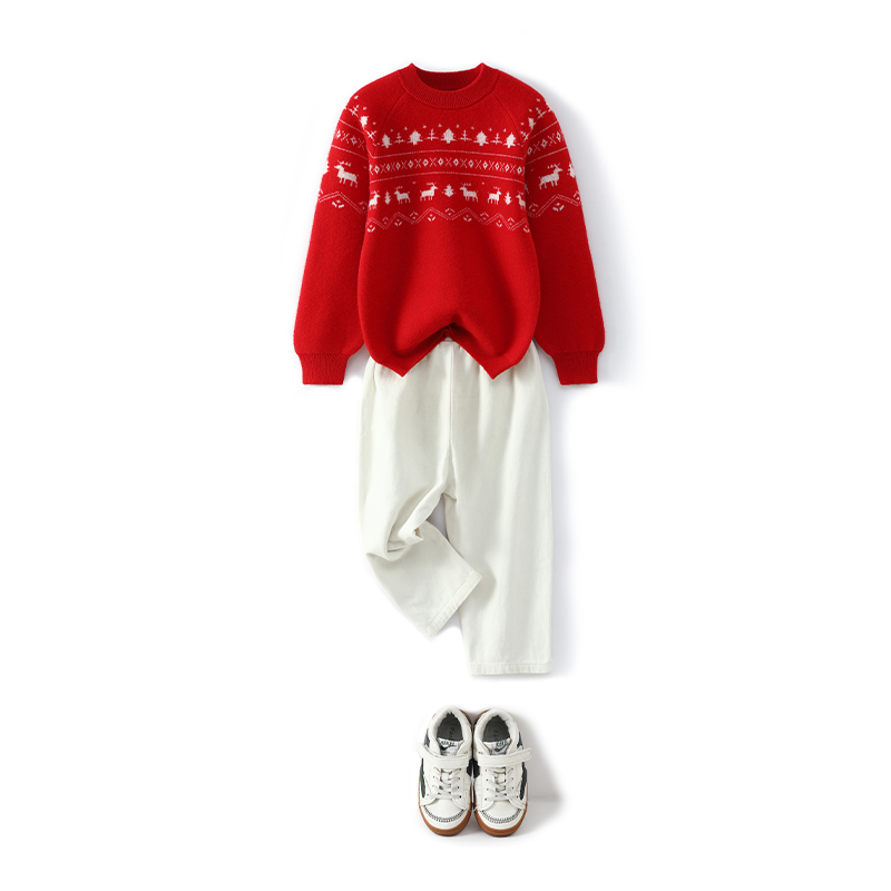 儿童羊毛衫四平加厚红色针织衫男女童保暖中大童宝宝秋冬衬衫毛衣