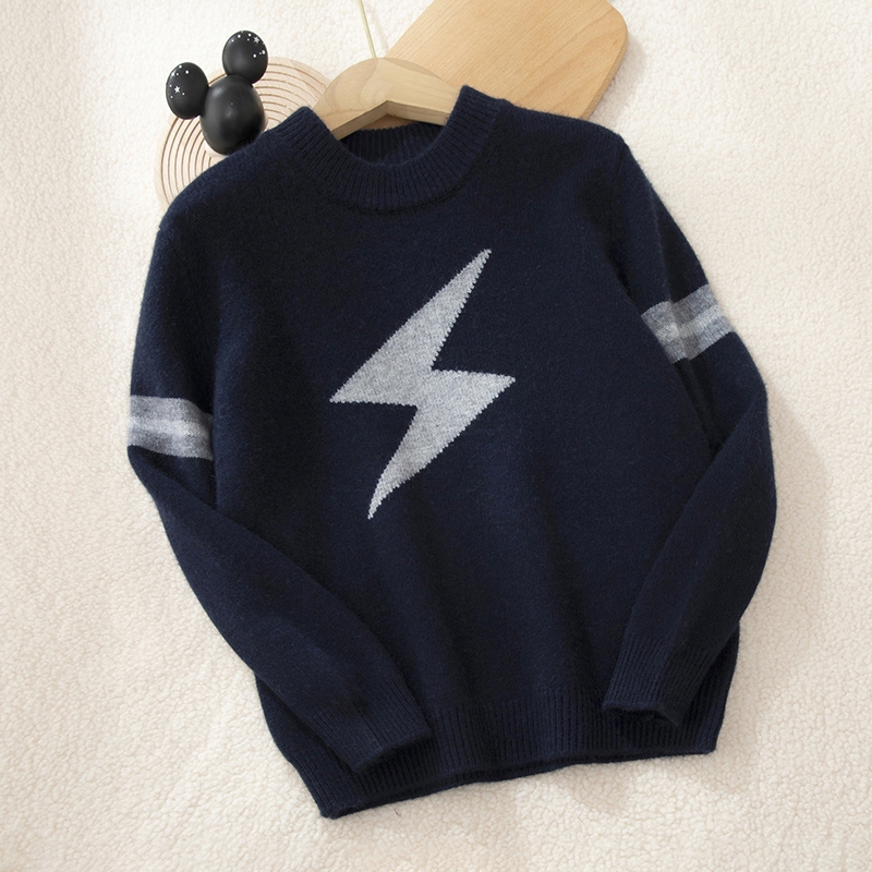 秋冬新款男童闪电拼色提花加厚山羊绒针织衫中大童打底保暖羊绒衫