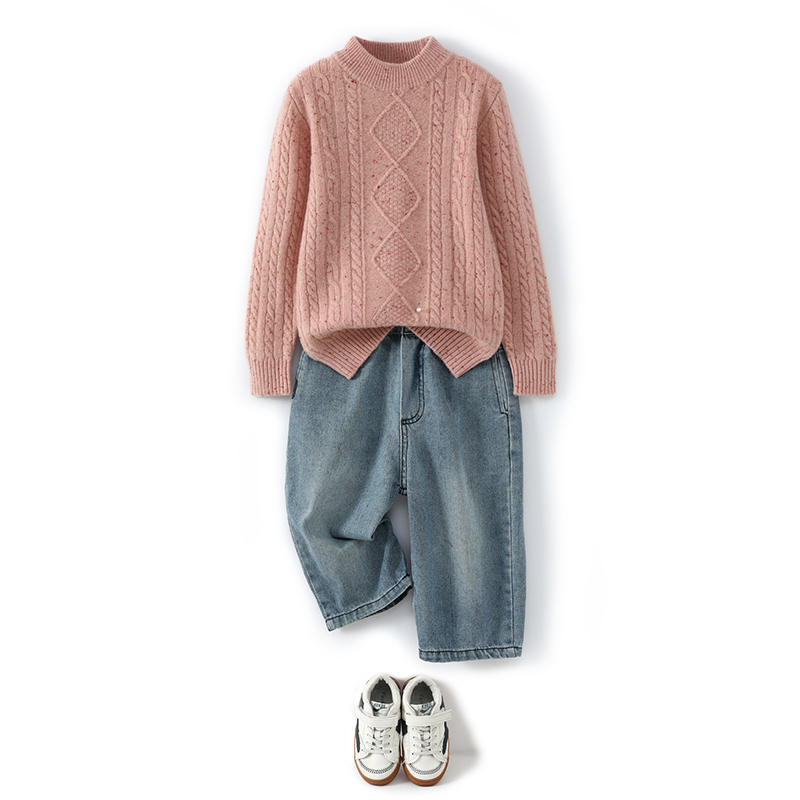 儿童秋冬加厚菱形彩纱半高纯羊毛衫女童毛衣男童针织衫中大童保暖