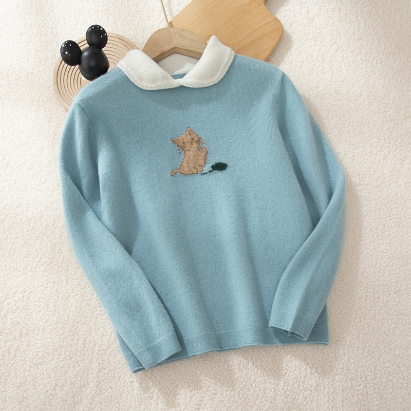 【35羊绒65羊毛】儿童山羊绒娃娃领提花女童大童保暖毛衣针织衫打底