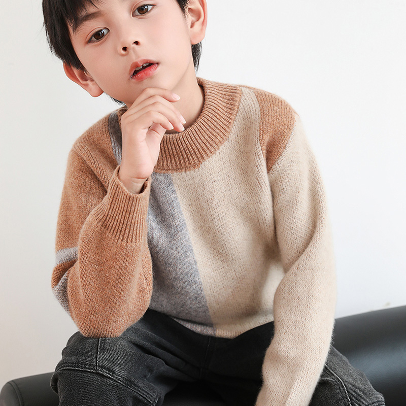 儿童秋冬加厚小半高领纯羊毛拼色针织衫打底衫男女童保暖套头上衣