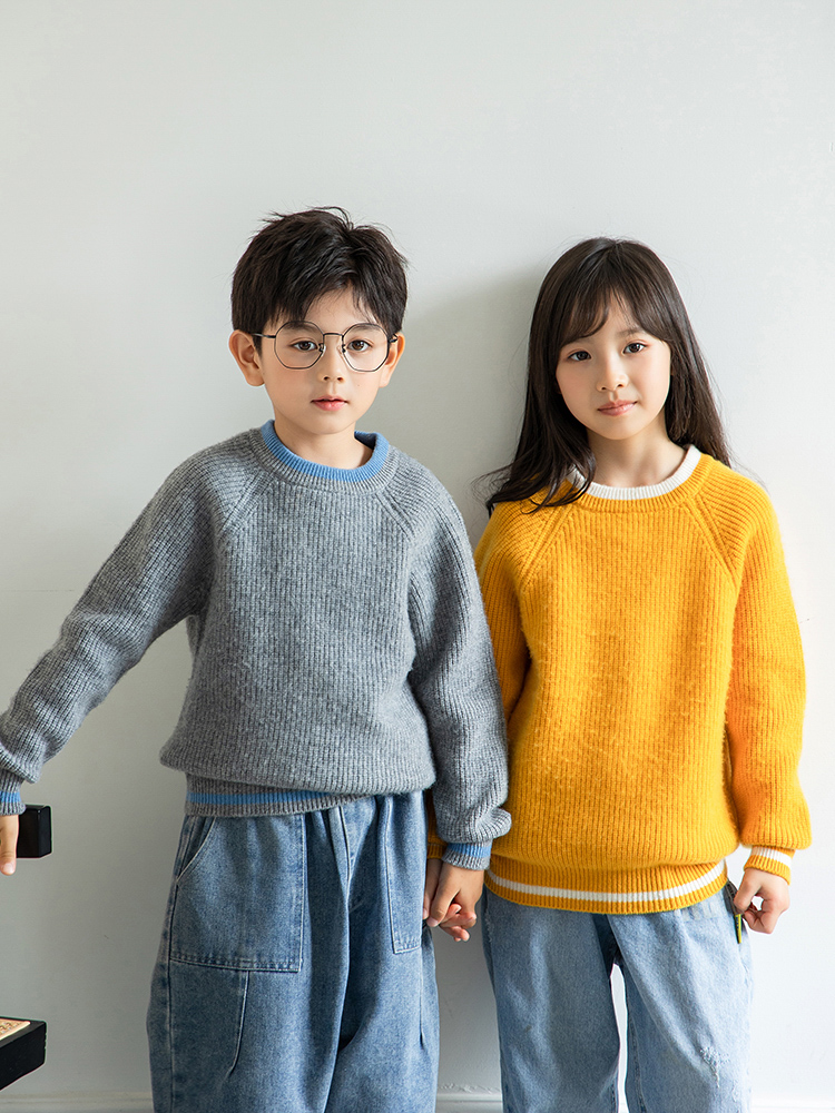 重磅加厚纯羊毛儿童元宝针拼色圆领冬男童女童针织衫大童宽松TZ22
