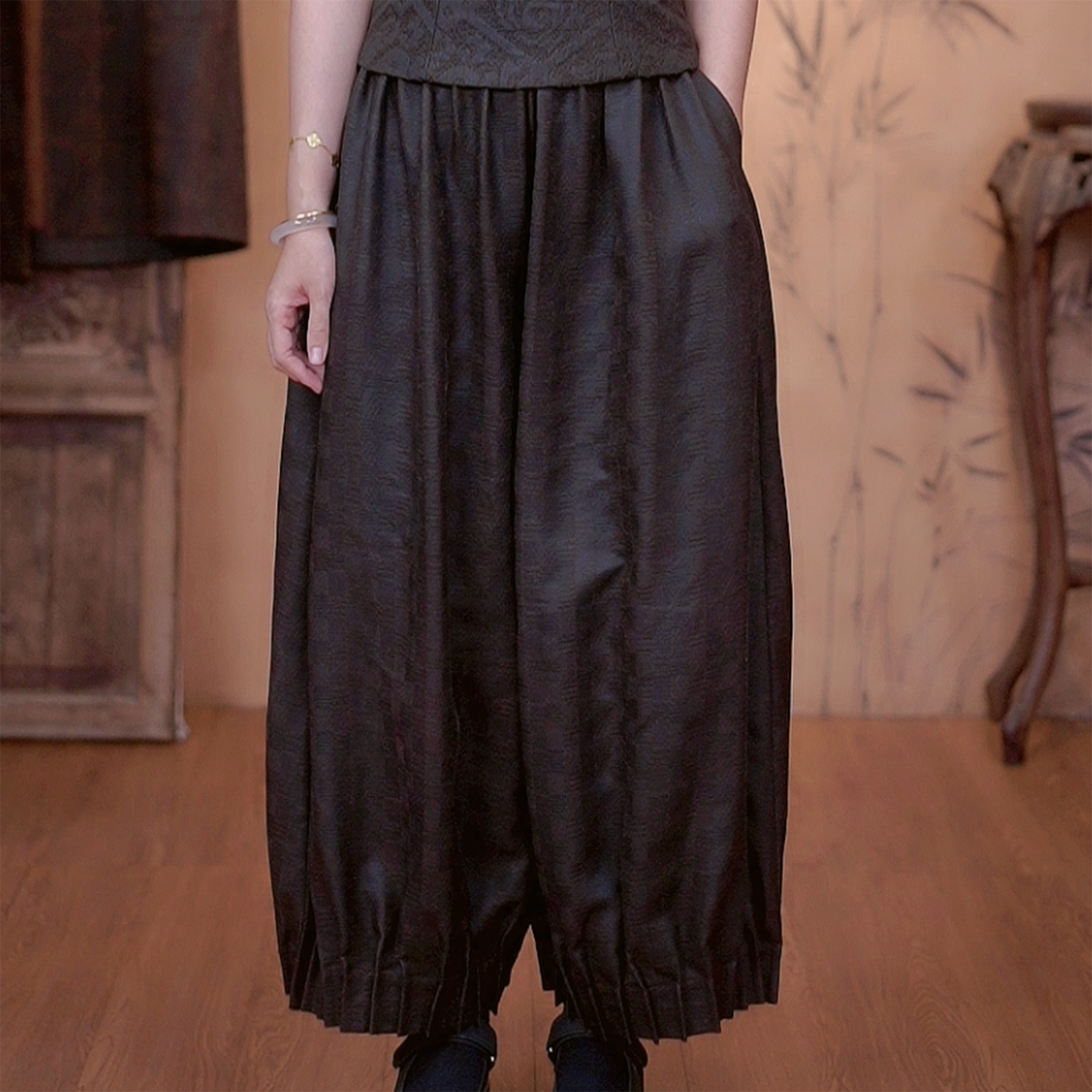 【二十四慢】桑蚕丝老料香云纱棋盘格女士阔腿裤休闲百搭时尚