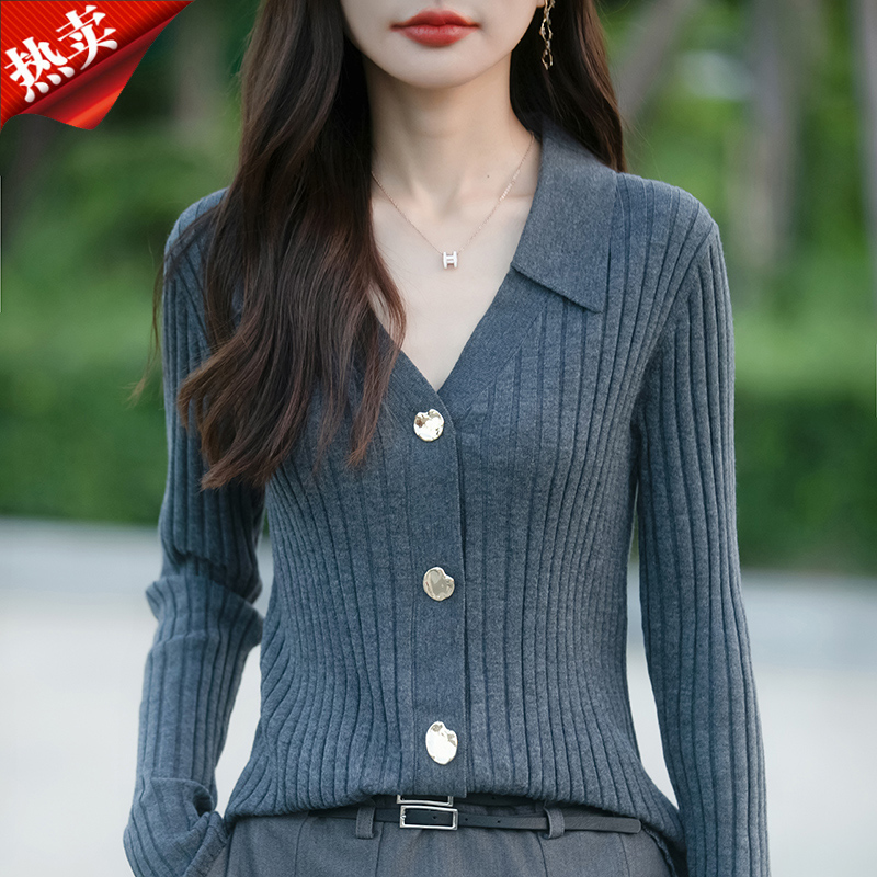 2024新款法式轻职风V领毛针织开衫外搭女修身内搭打底衫上衣秋冬