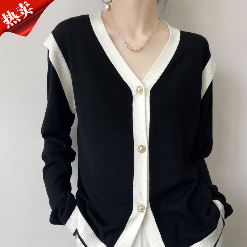 2024新款时尚气质接拼黑白撞色V领针织开衫女士长袖外套上衣秋冬