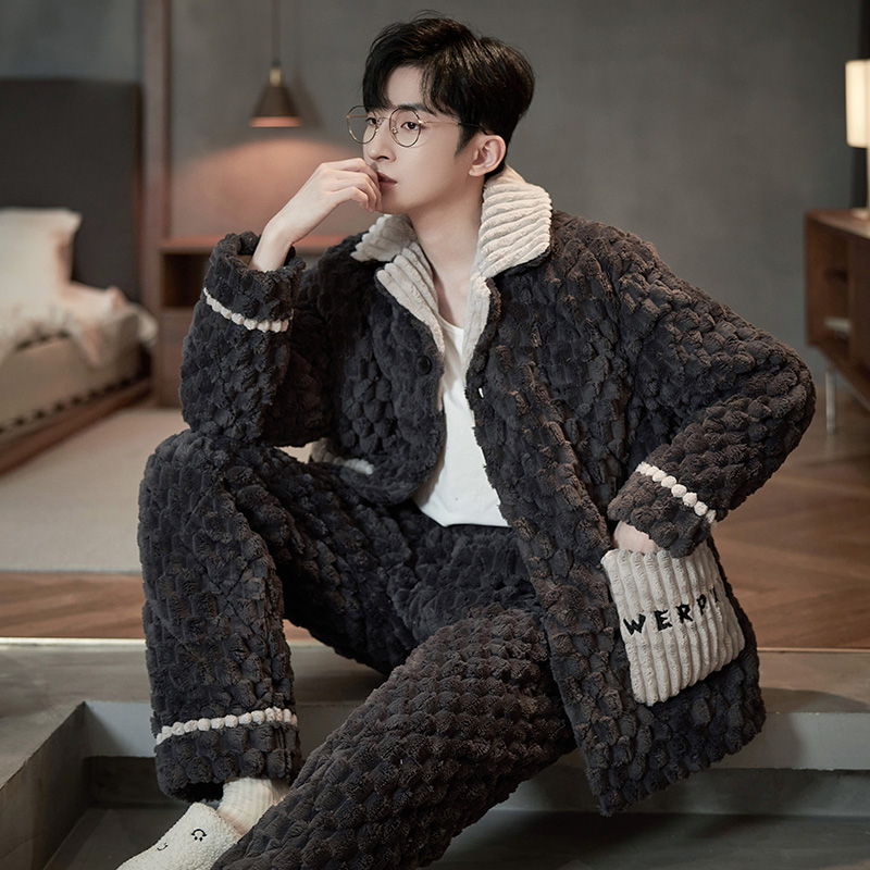 睡衣男士冬天珊瑚绒加厚加绒冬季三层夹棉男款爆款高档家居服套装