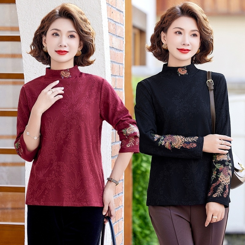 国风中式长袖小衫T恤复古妈妈提花气质时尚新款洋气打底上衣外穿