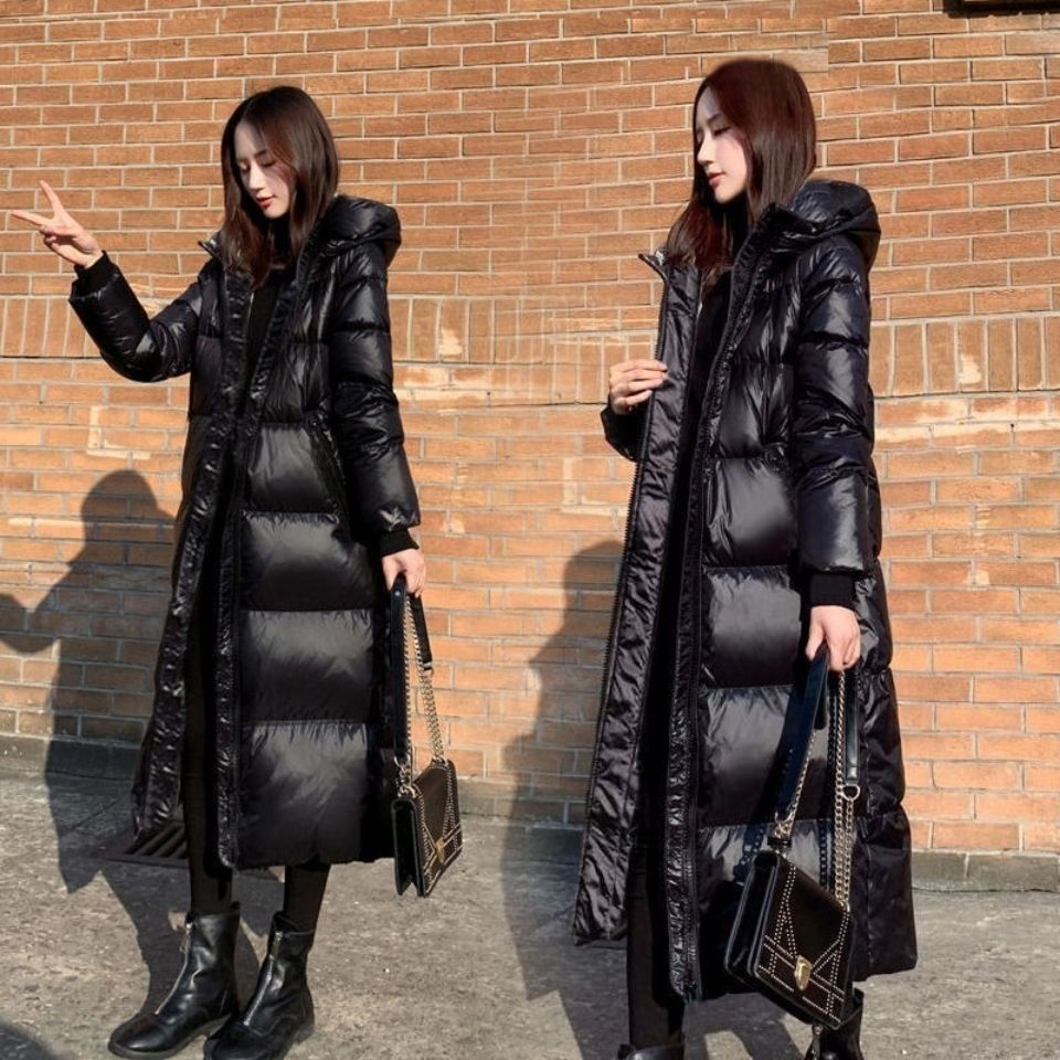 韩版长款亮面棉衣女加厚修身棉袄ins潮外套2023新款黑色棉服