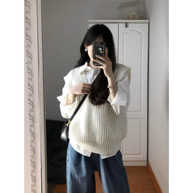白色针织马甲女秋冬新款韩系宽松外穿V领无袖毛衣背心叠穿马夹