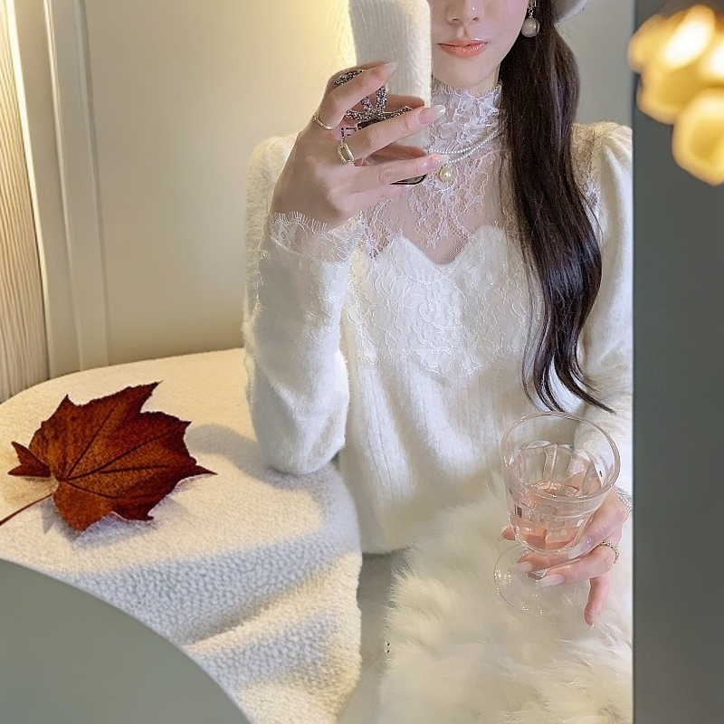 洋气蕾丝镂空长袖上衣女秋冬季内搭叠穿半高领打底衫独特漂亮小衫