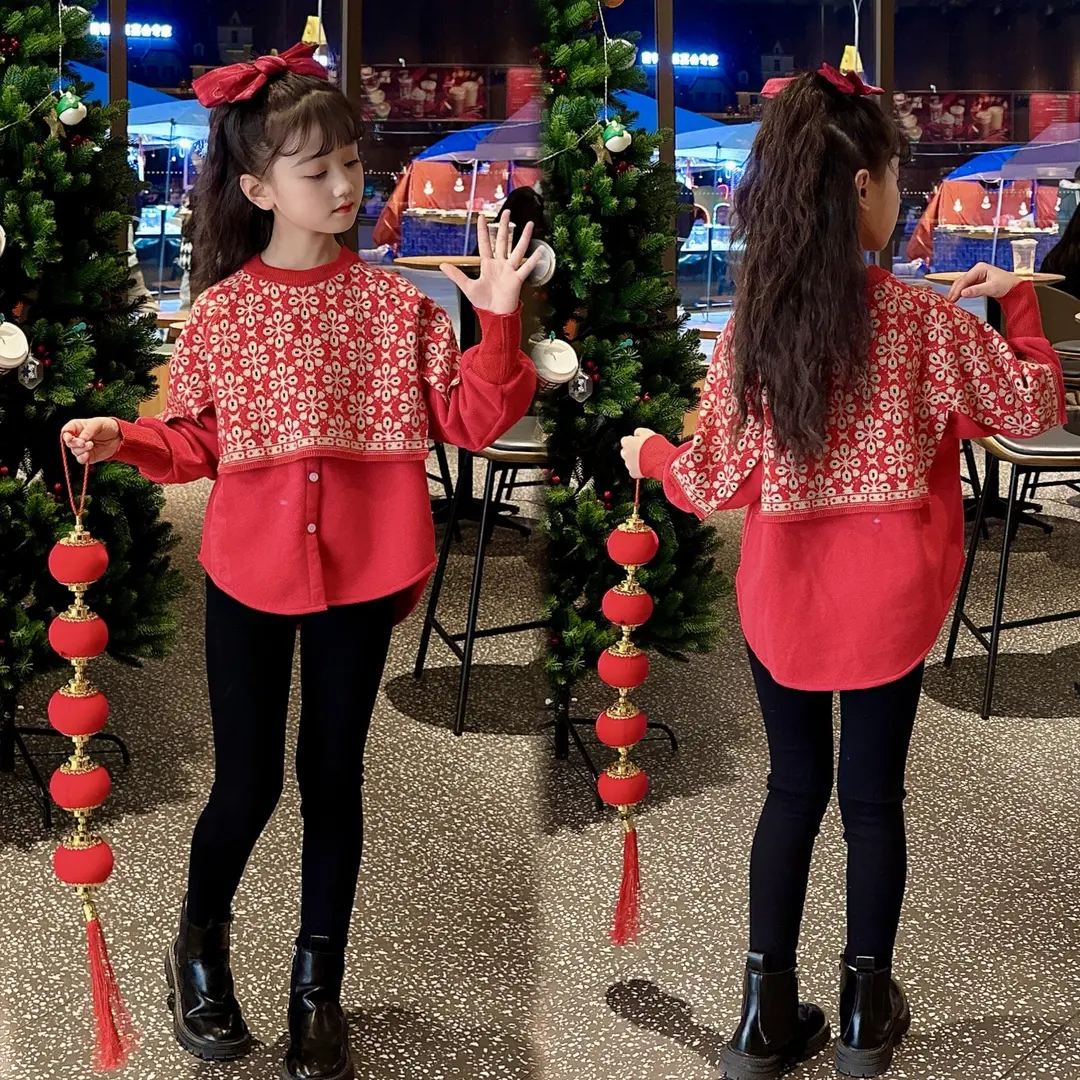 【品质童装】女童加绒毛衣拜年服披肩衬衫套头拼接洋气红色针织套装