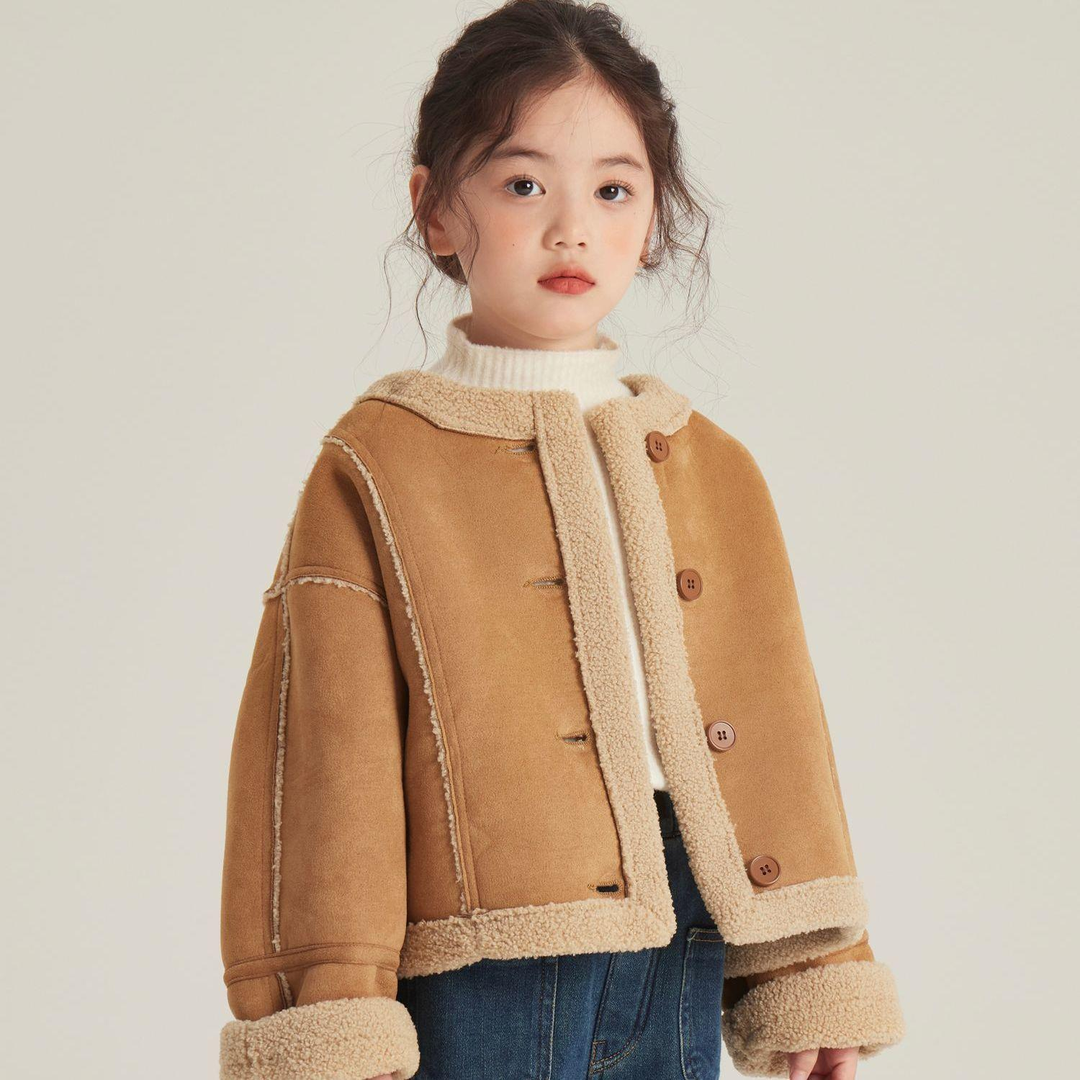 【品质童装】女童冬季皮毛一体2023新款美拉德女宝宝加绒加厚外套