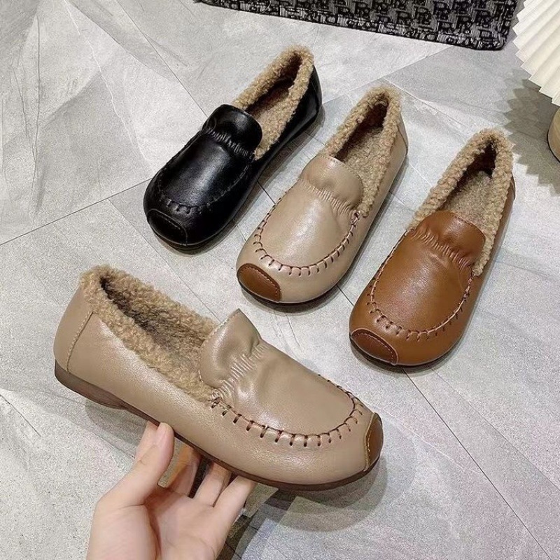 毛毛鞋保暖豆豆鞋加绒加厚女冬外穿网红厚底乐福鞋女款洋气棉鞋女