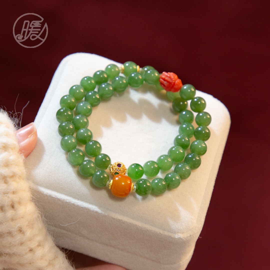 天然双圈和田玉手串8mm搭配佛手配饰手链A2828多样性发一微黑