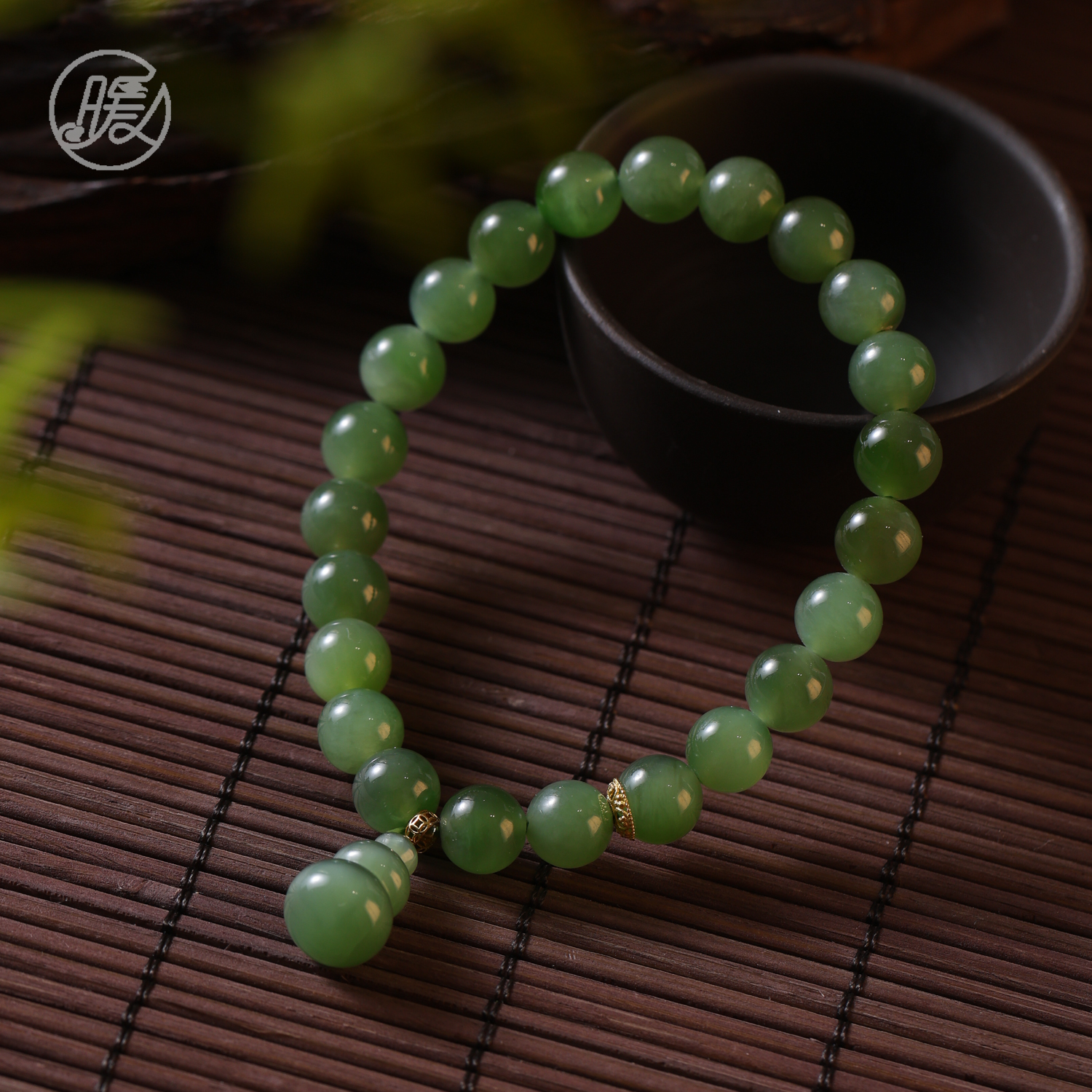 Nuanyan/暖言单圈和田玉手串8mm搭配18k金葫芦手链S72多样性发一