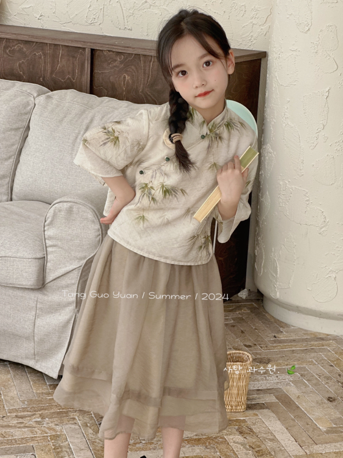 中国风套头古风春季夏季半身裙条纹女女童套装公主复古气质