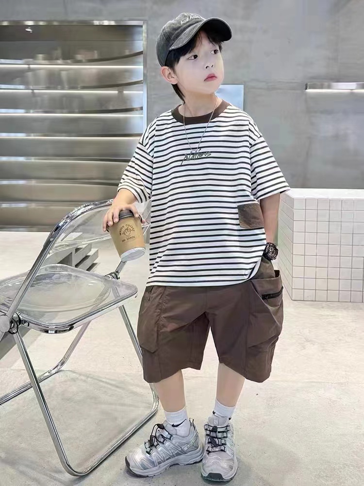休闲条纹常规男帅气夏装男童时尚套装百搭夏季洋气韩版中大童