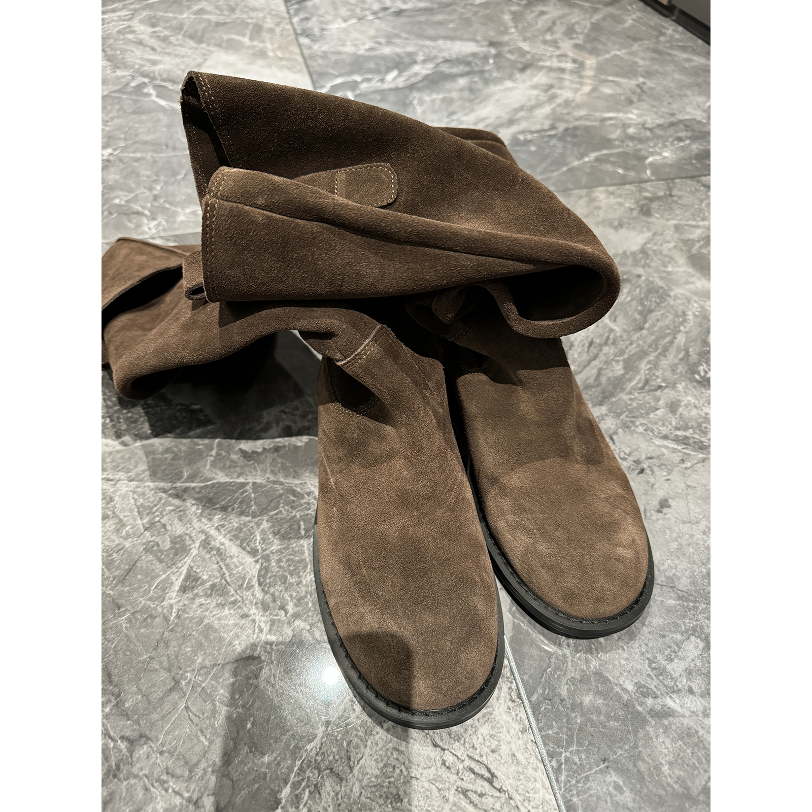 JINGDL【卡布奇诺】～复古真皮牛皮磨砂圆头软皮舒适低跟中筒靴子