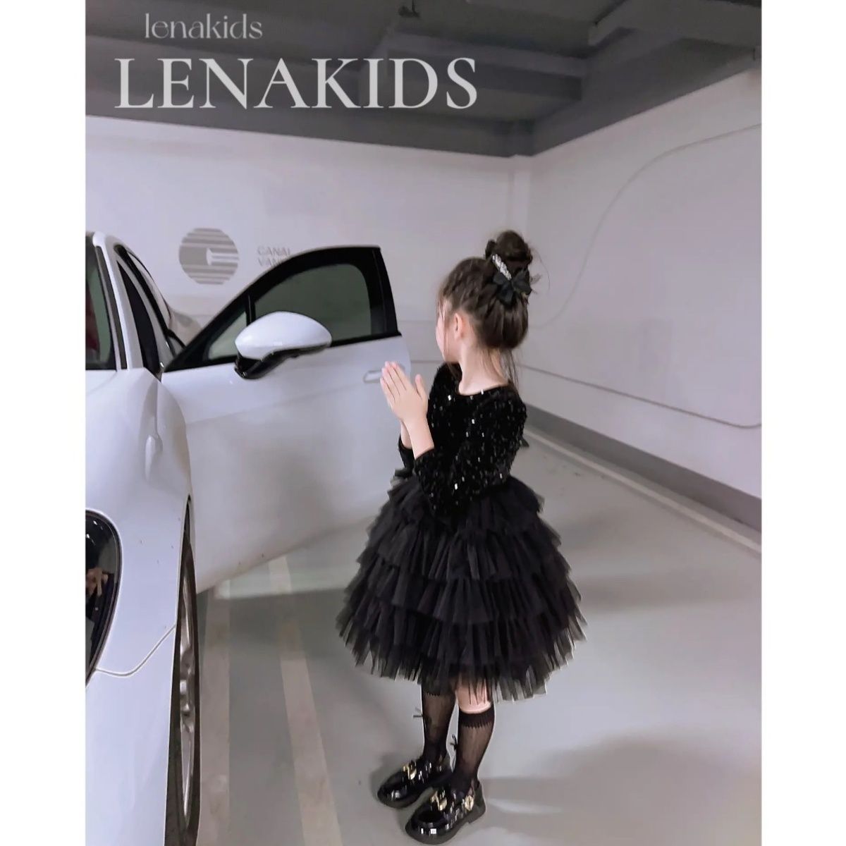 巴柆女童秋冬黑色礼服公主儿童新款拖尾蓬蓬纱裙走秀生日钢琴演出