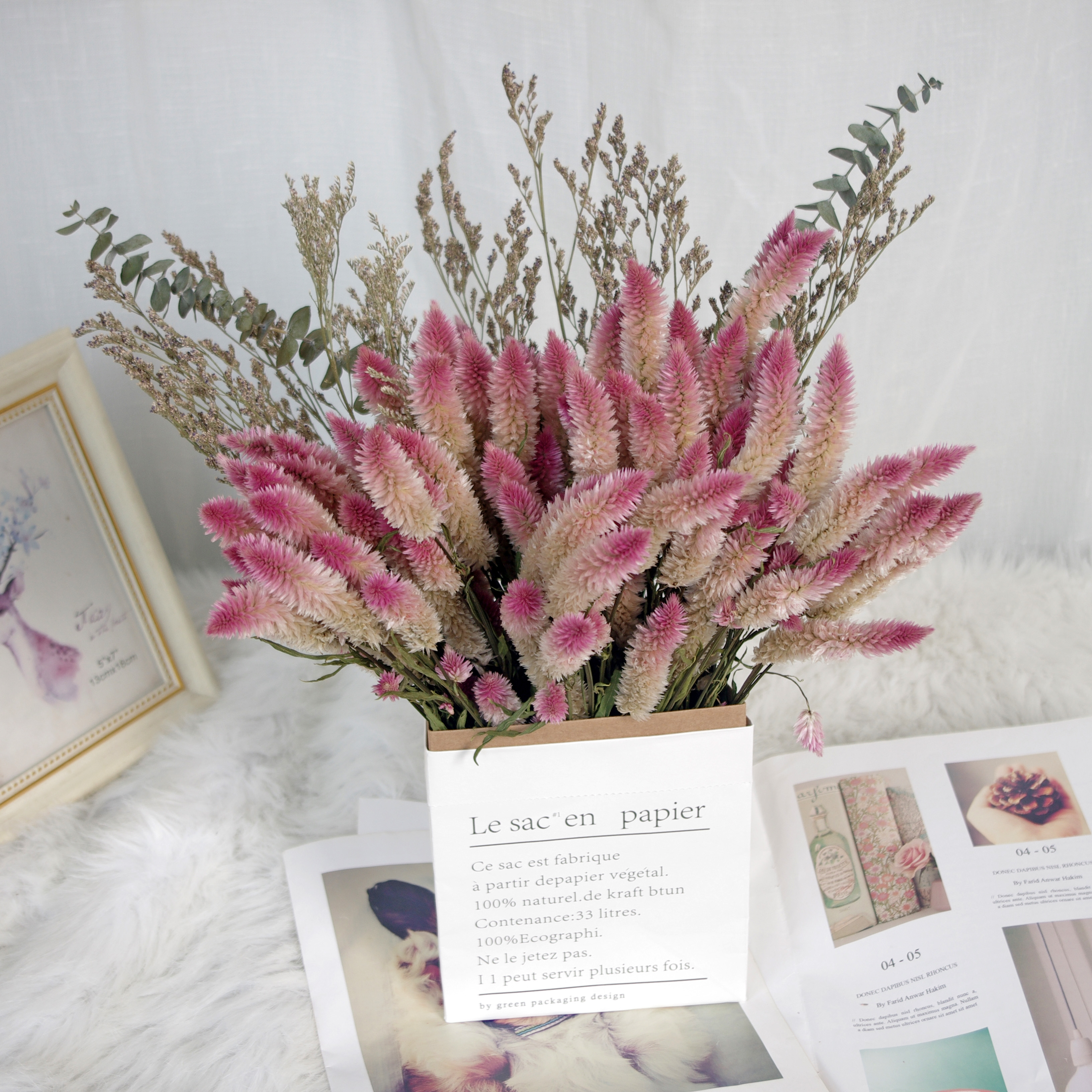 真花干花凤尾花搭配花束家居摆放装饰拍摄道具