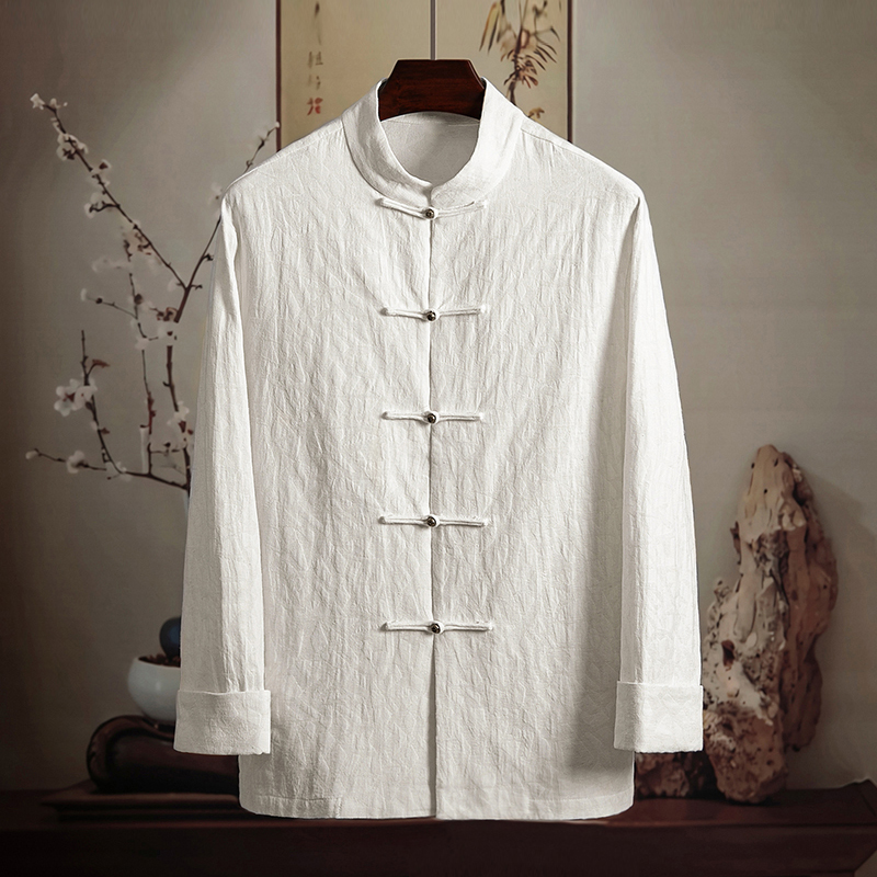 由天丨复古风铜扣男装棉麻长袖衬衫中国风男士提花唐装新中式衬衣
