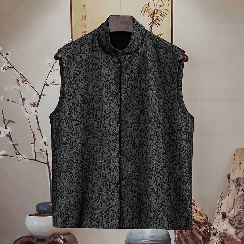 由天丨新中式铜扣马甲男提花暗纹中国风男装唐装马夹立领无袖薄款