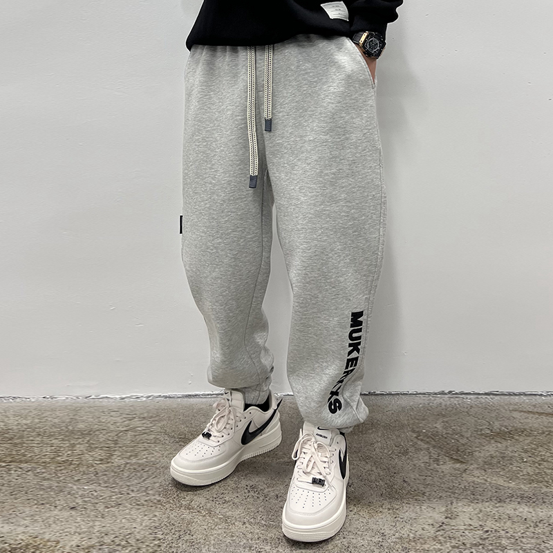 字母刺绣加绒卫裤男2023秋冬新款潮流时尚宽松加厚休闲裤时尚长裤