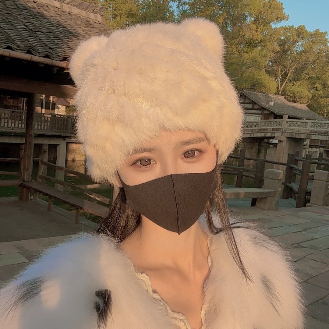 海宁皮革城兔毛帽子 女士保暖御寒冬季皮草帽子 加厚加密编织