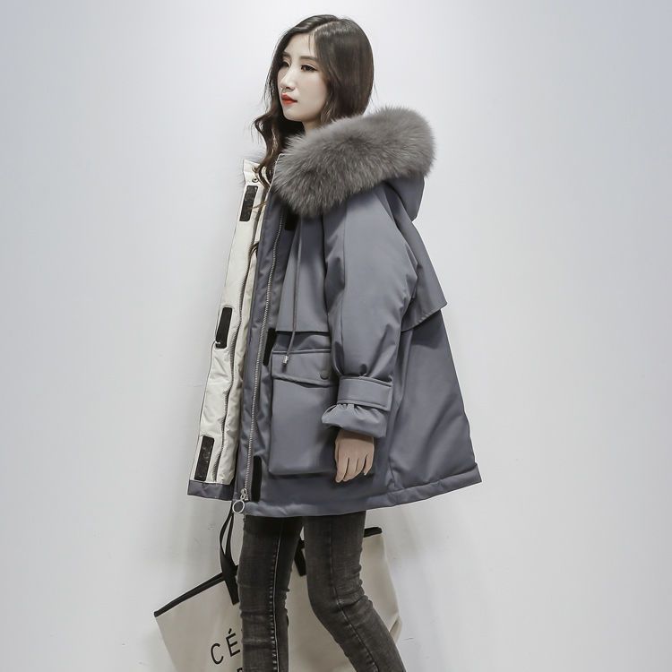 派克服女中长款韩版2023新款羽绒羽绒服女宽松加厚大毛领羽绒