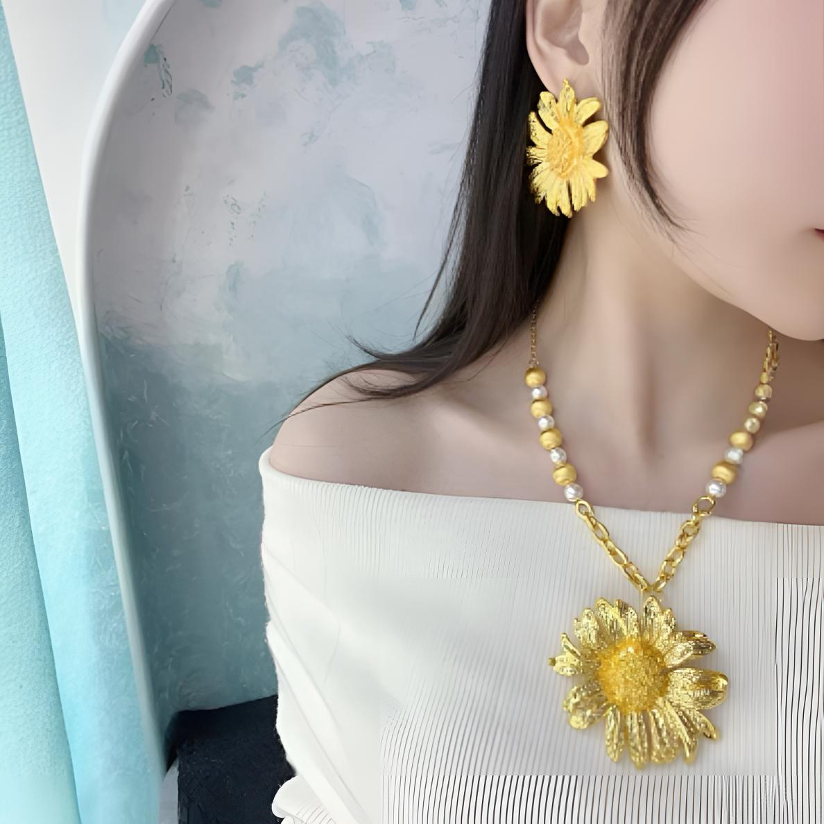 足金向日葵耳钉5D黄金太阳花套链毛衣链夸张款