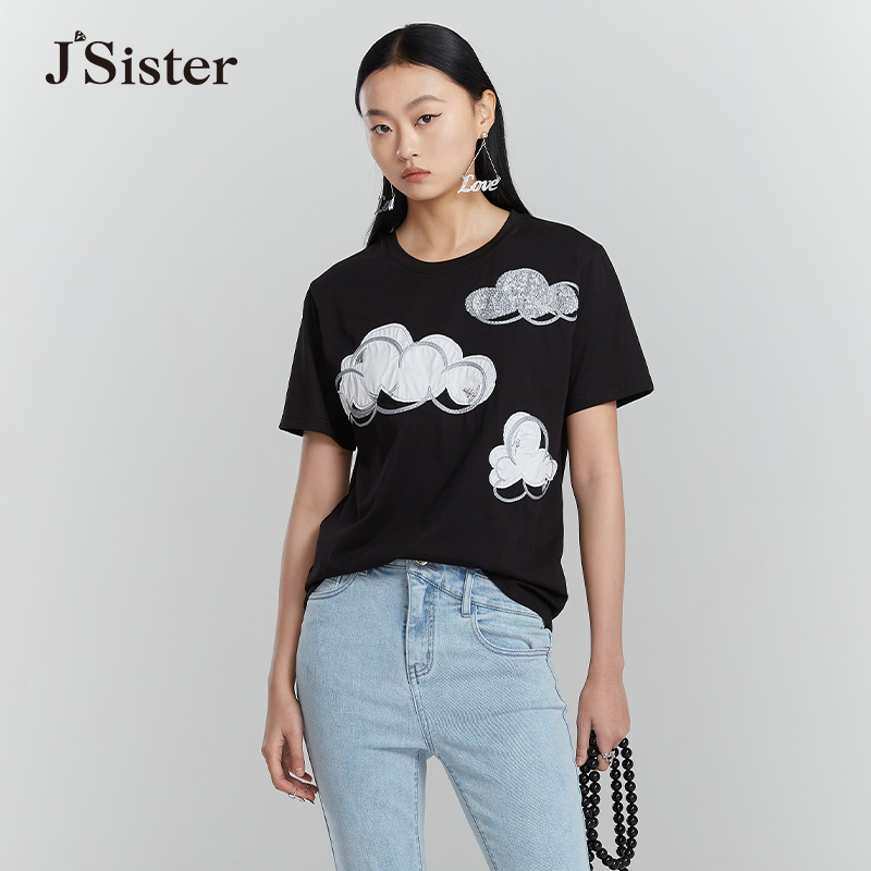 jsister夏装新款JS女装时尚黑色直筒云朵圆领T恤S222201309