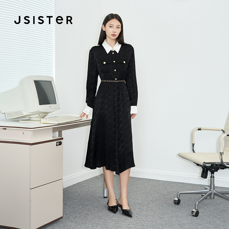 jsister 2024秋装新款 JS女装时尚黑白缎面提花气质通勤风连衣裙