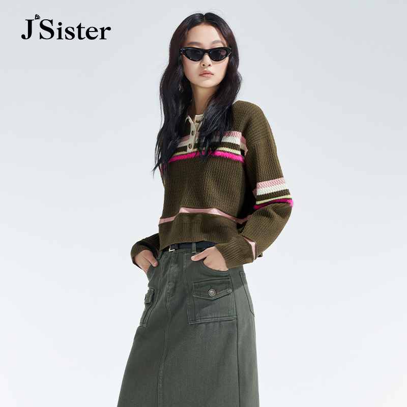 【芋总专属】jsister 秋装新款 JS女装时尚军绿流行条纹针织衫