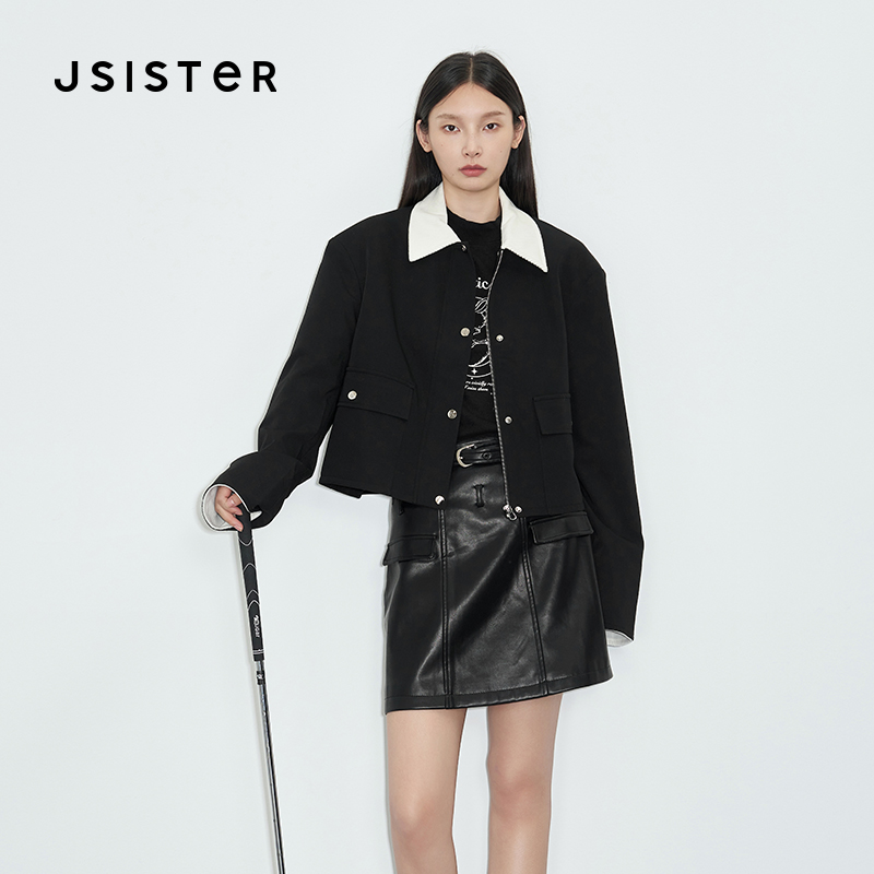 jsister 2024秋装新款 JS女装时尚黑色拼接设计感通勤外套 夹克衫