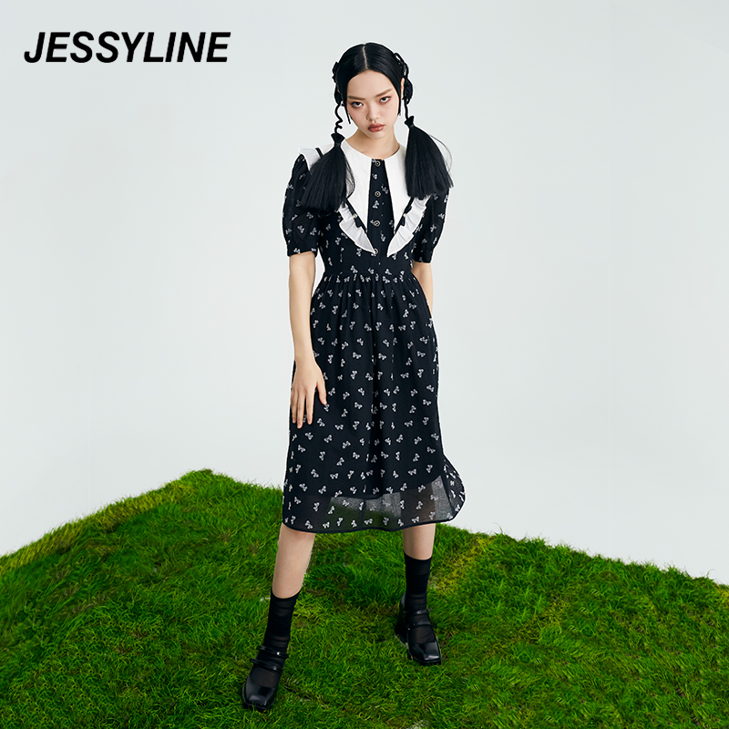 夏季新品 杰茜莱黑色荷叶边收腰连衣裙女装时尚中长款jessyline