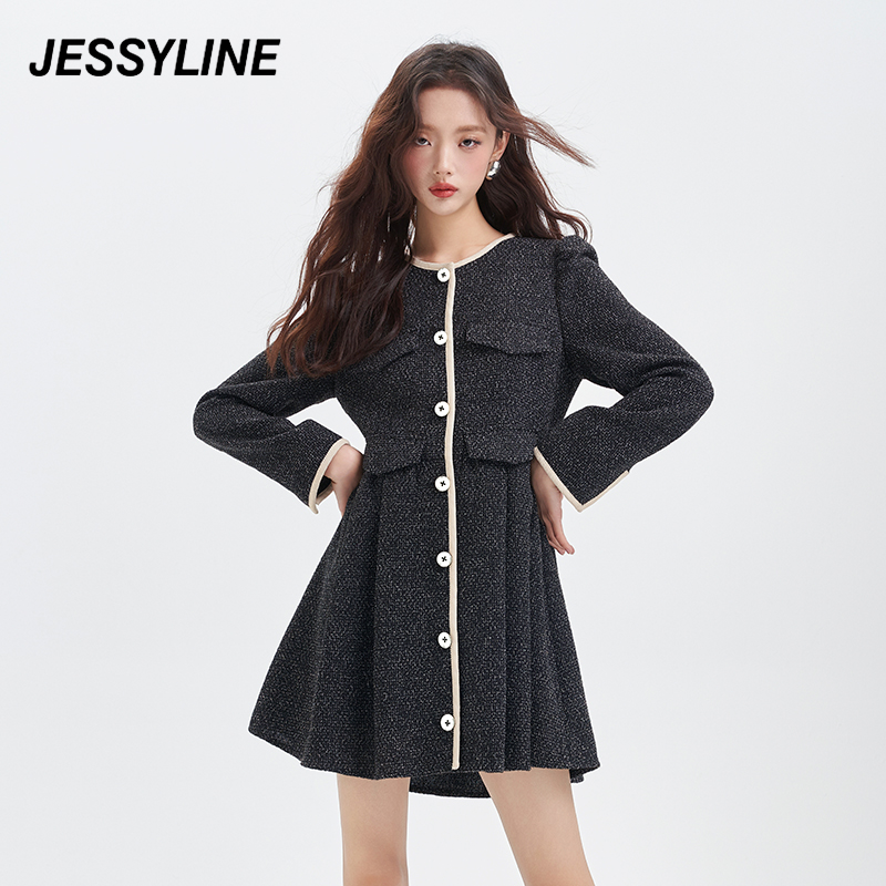 jessyline秋季新款女装 杰茜莱黑色气质衬衫连衣裙 345211464