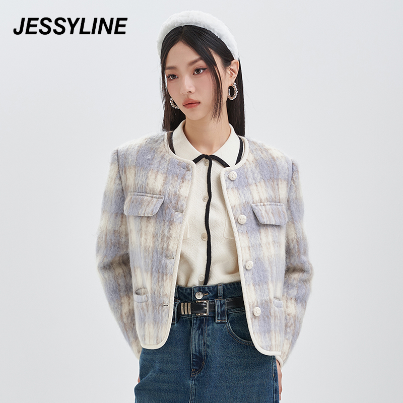 【李不了】jessyline秋季新款女装 杰茜莱小香风格子毛呢外套