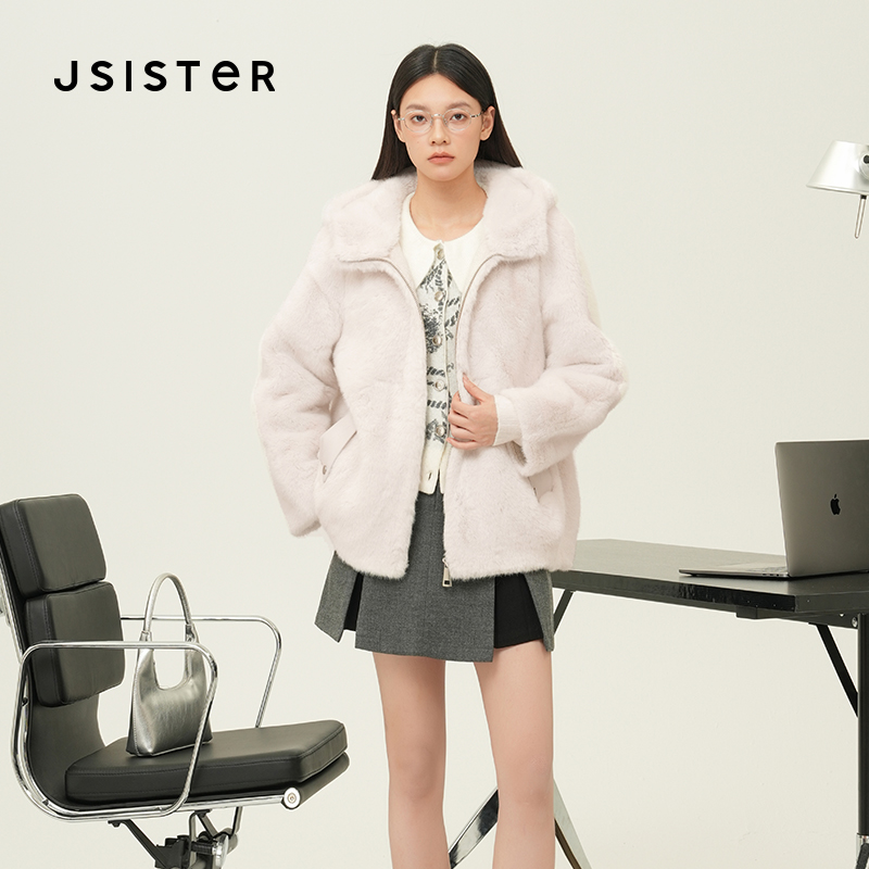 jsister冬季新品 JS女装时尚休闲百搭白色毛绒外套棉衣