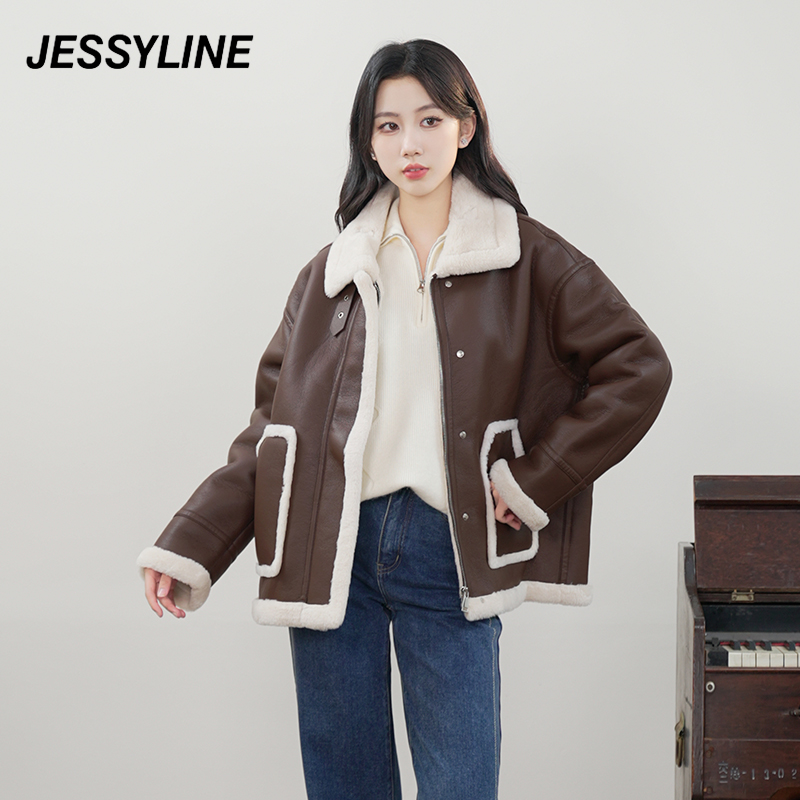 【李不了】jessyline杰茜莱冬季新款皮质保暖外套女