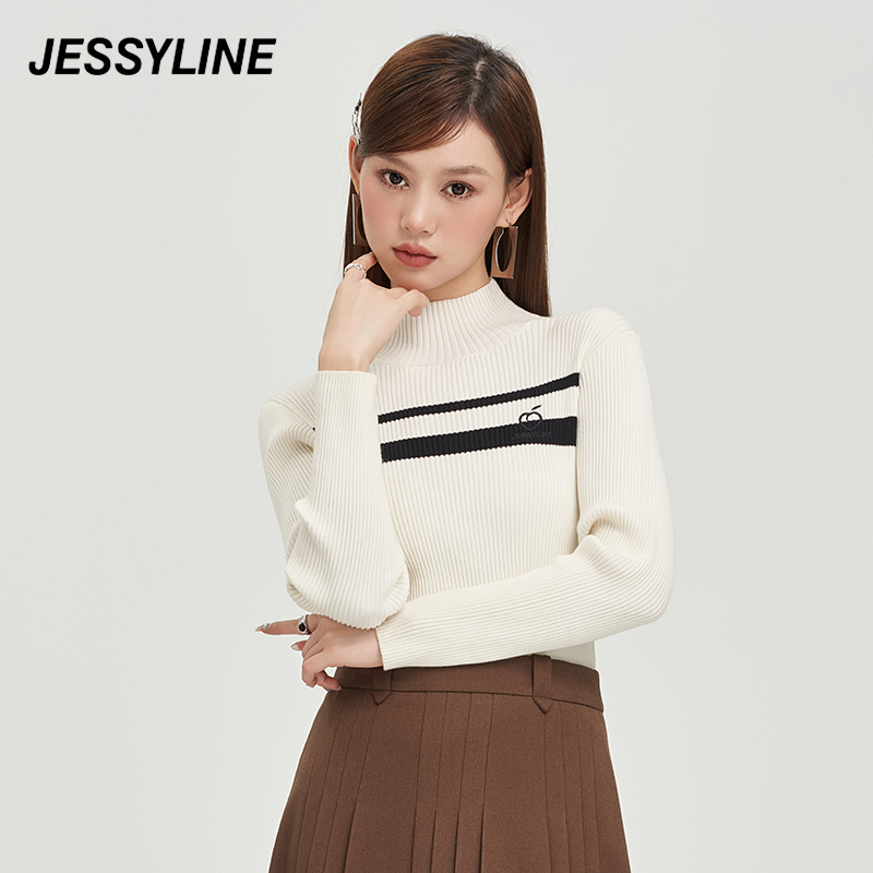 【芋总专属】jessyline秋季新款女装 杰茜莱白色修身显瘦针织衫