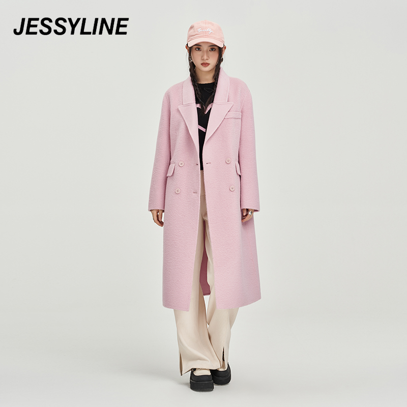 jessyline秋冬季新款大衣 杰茜莱时尚粉色中长款羊毛呢外套