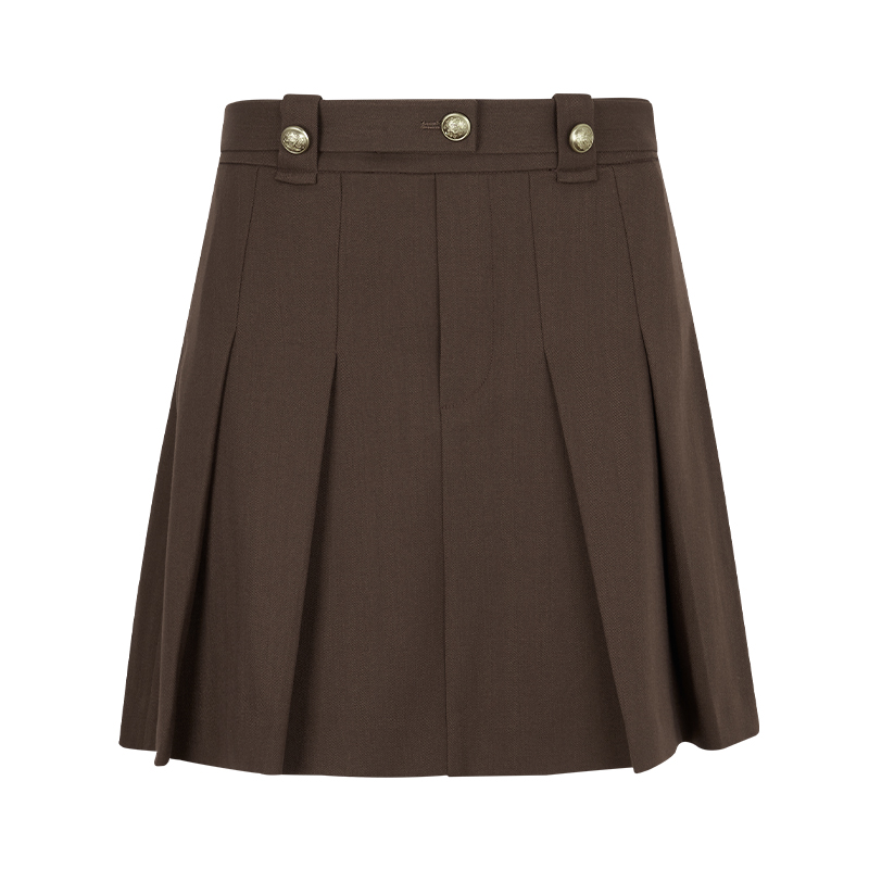 jsister秋季新款半身裙  JS女装时尚深咖压褶A字短裙