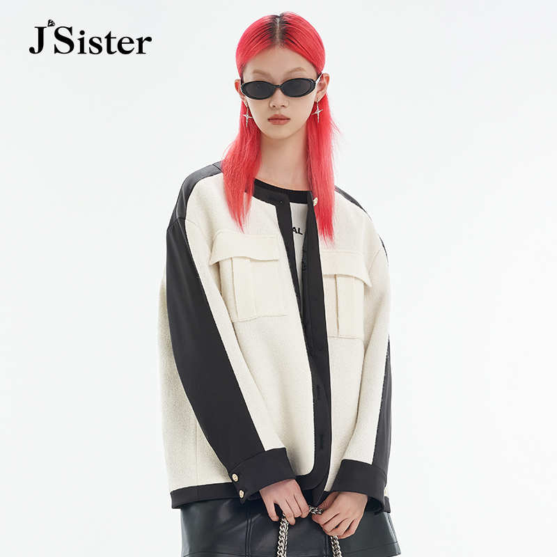 jsister秋装新款 JS女装时尚简约百搭米色拼接通勤外套