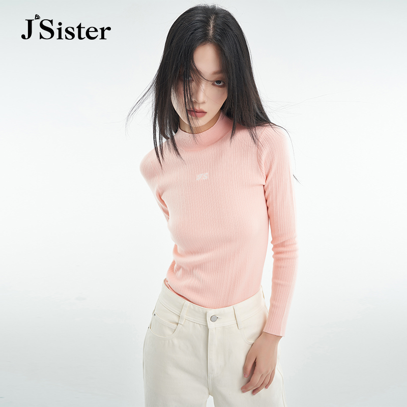 jsister秋季款 JS女装时尚条纹提花肌理雾面粉色打底针织衫